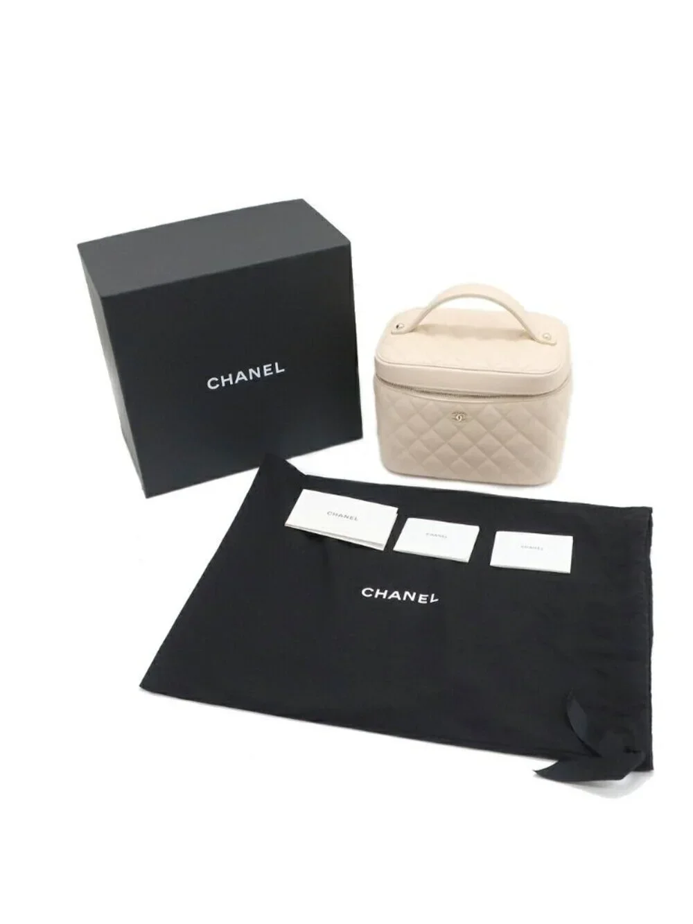 Chanel Vanity Beige Gold Caviar Leather CC Logo Makeup Pouch